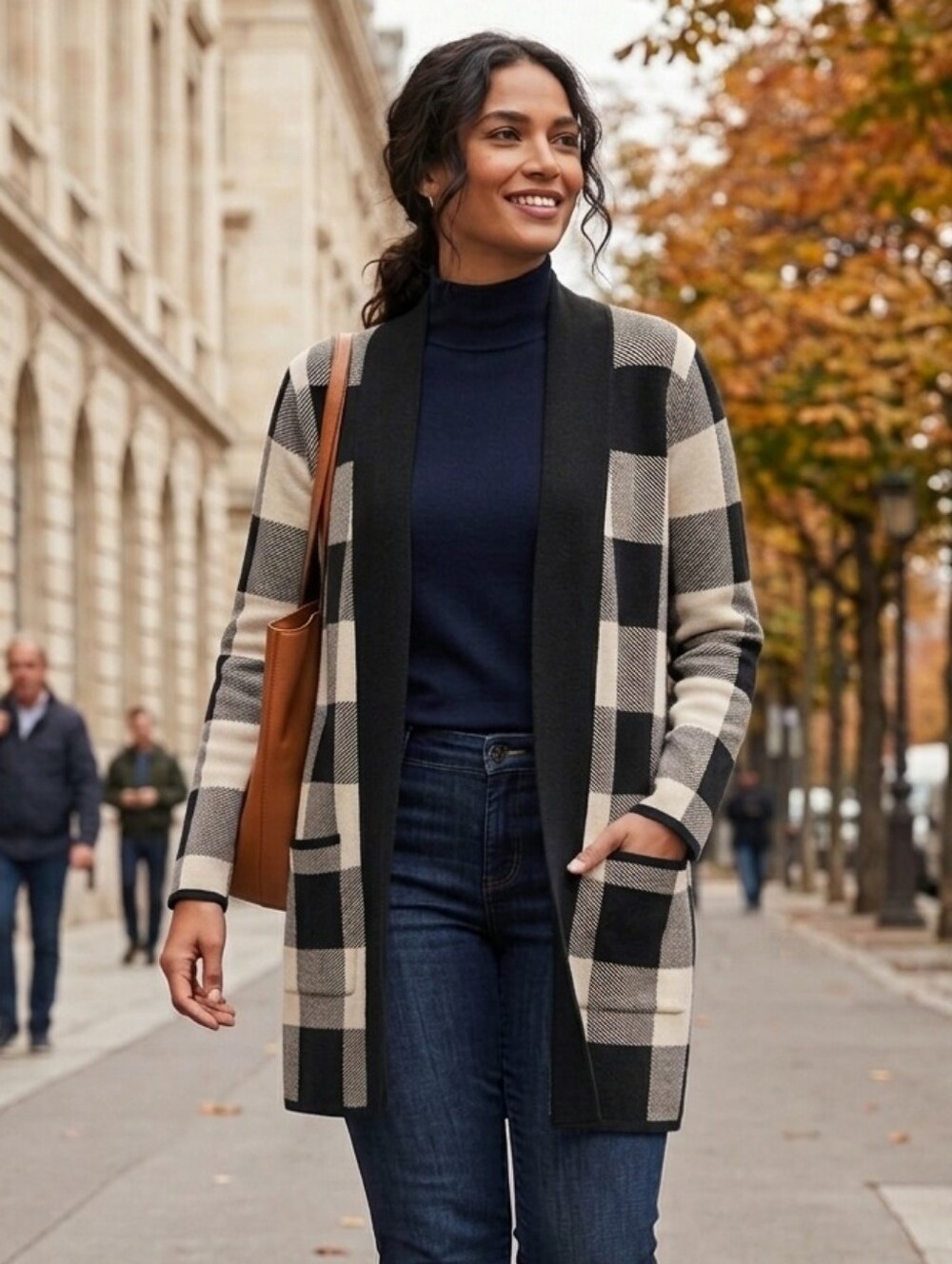 Navy and Cream Check Open-Front Cardigan